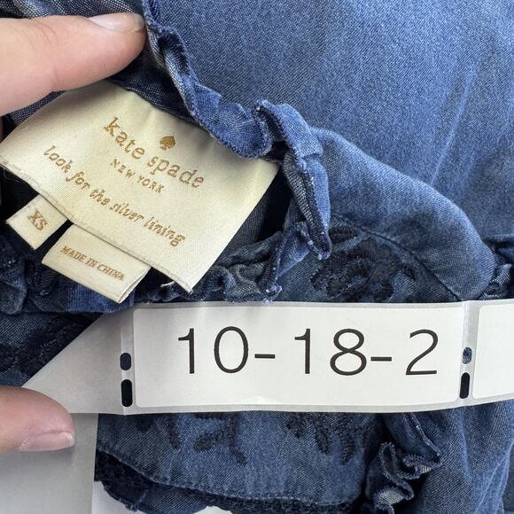 Kate‎ Spade Dress Womens XS Denim Broome Street Embroidered Indigo Boho Ruffle - Picture 5 of 9